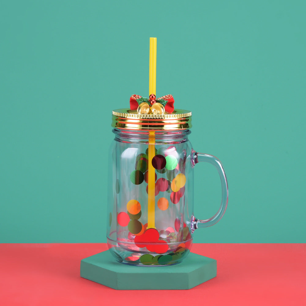 Wholesale  Glitter Plastic Canned Cup with Handle Double Layer Plastic Mason Cup